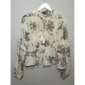 Buffalo by David Bitton Sheer Floral‎ Top Balloon Sleeve Crop Tie Neck Size Med